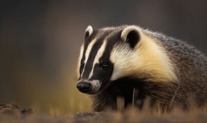  a badger standing on top of a grass covered field next to a forest.  generative ai