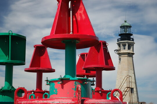 Buoys and lighthouse on Lake Erie, Buffalo New York