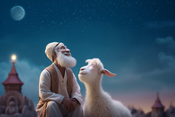 Obraz na płótnie Canvas Cute animation style adorable goat character, Islamic design, Eid ul azha greetings created with generative ai