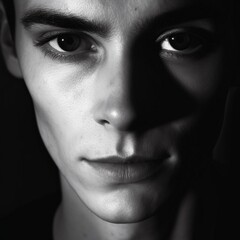 Fototapeta premium High fashion, beauty portrait of young man model, attention grabbing closeup male face, soft light, rhythmic composition, AI generative