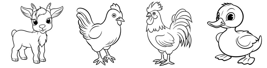 Fototapeta premium Farm animals - cute Goat, Hen or chicken, Rooster and Duck, simple thick lines kids or children cartoon coloring book pages. Clean drawing can be vectorized to illustration easily. Generative AI