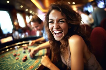 Happy young woman smiling gambling in a casino. Generative AI	
