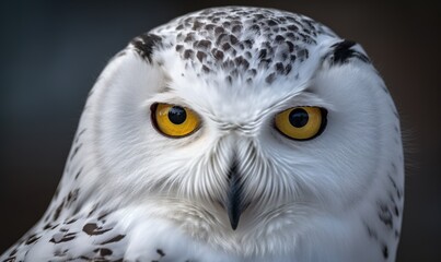  a close up of a white owl with yellow eyes and a black background.  generative ai