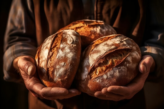 Fresh rye bread in the hands of a baker, close up, realistic image on the dark background. Ai generated