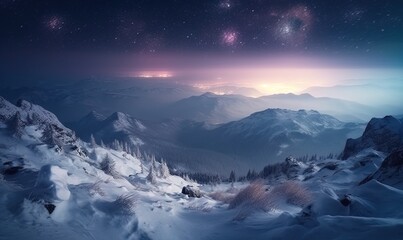  a view of a snowy mountain range with stars in the sky.  generative ai