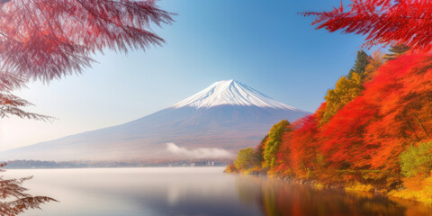 Colorful Autumn Season and Mountain Fuji with morning fog and red leaves at lake Kawaguchiko is one of the best places in Japan. AI