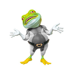 super frog is standing up and singing