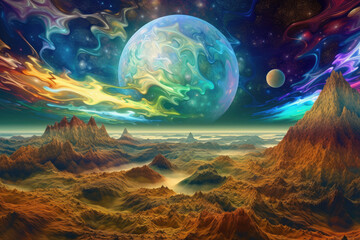 Naklejka na ściany i meble Fantastical planet with swirling clouds and colorful landscapes. AI