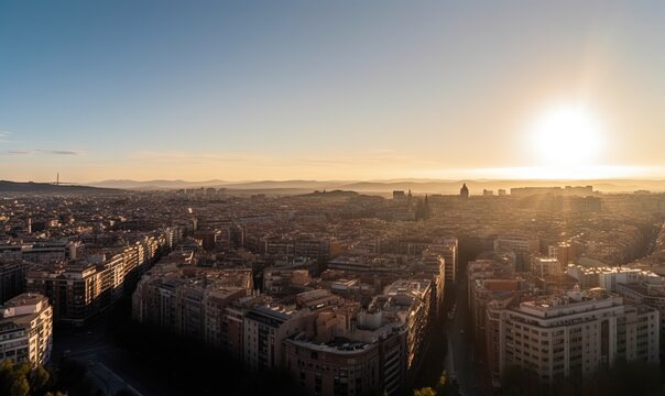  the sun is setting over the city of barcelona, spain.  generative ai