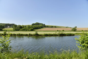 La Sambre calme et brillante sous un ciel clair entre prairies et bois &agrave; Hourpes (Thuin) 