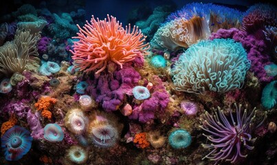 Naklejka na ściany i meble a group of sea anemones on a coral reef. generative ai