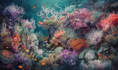 Obraz na płótnie Canvas a painting of a coral reef with fish and corals. generative ai