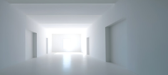 Creative minimal concept. Wide view of white clean room wall. Banner template for product presentation. Mock up 3D rendering