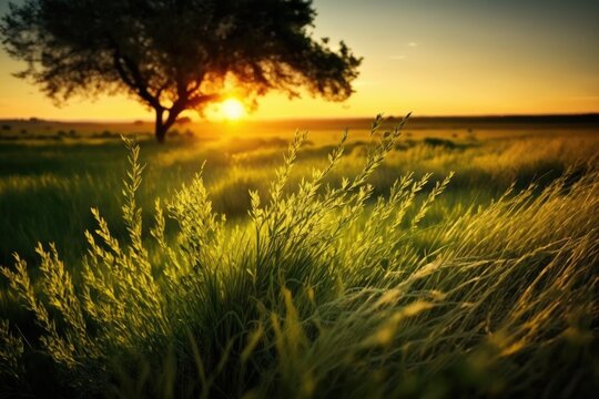 Sunrise on a summer green pasture. Photographed in the open air. Generative AI
