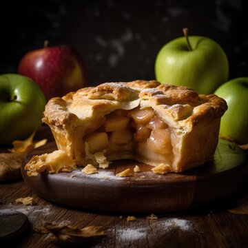 Fresh baked whole apple pie on wooden serving dish with apples in background. AI Generated