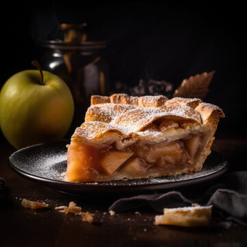 Slice of fresh baked apple pie on dark dish with apple in background. AI Generated