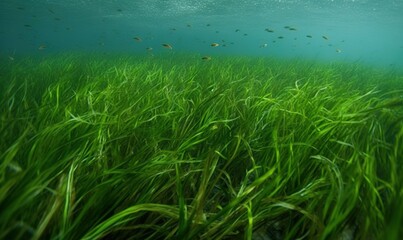 Fototapeta na wymiar an underwater view of a grassy field with fish swimming in the water. generative ai