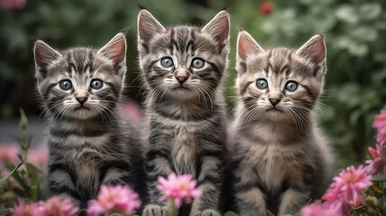 Fototapeta na wymiar Three little kittens sitting near pink flowers, generative ai tools 
