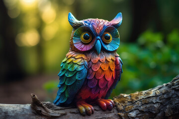Fantasy forest, multi colored owl. AI