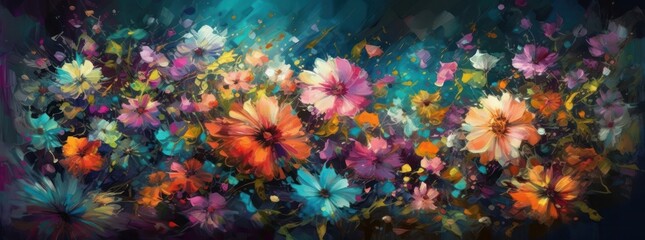 Fototapeta na wymiar Watercolor paintings landscape, field of poppies and flowers, artwork, poster. Generative AI.