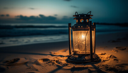 Glowing lantern illuminates tranquil seascape at dusk generated by AI