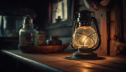 Antique lantern glows in dark rustic home generated by AI