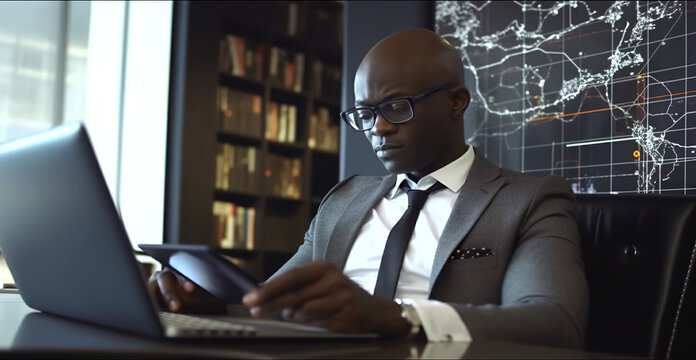 African manager in a suit and tie using a laptop. Generative AI.
