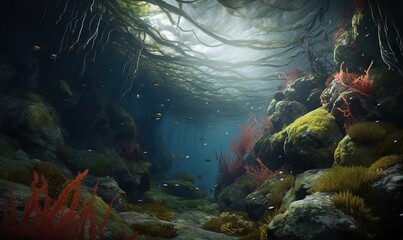 Fototapeta na wymiar an underwater scene of a coral reef with seaweed and algae. generative ai