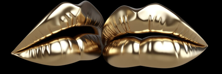 Banner. Golden lipstick closeup. Metal gold lips. Beautiful makeup.  Copyspace. Generative AI - obrazy, fototapety, plakaty