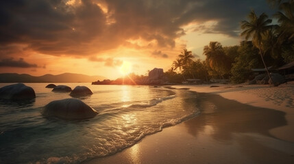 Fototapeta na wymiar Tropical beach at beautiful sunset in Seychelles..generative ai