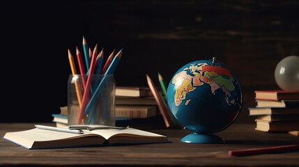 Globe, books and pencils on wooden background. Back to school concept.generative ai