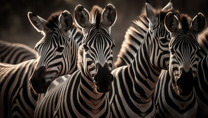 Striped zebra herd in a row outdoors generated by AI - obrazy, fototapety, plakaty