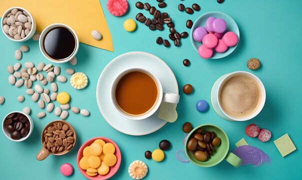  a cup of coffee surrounded by candy and candies on a blue surface.  generative ai
