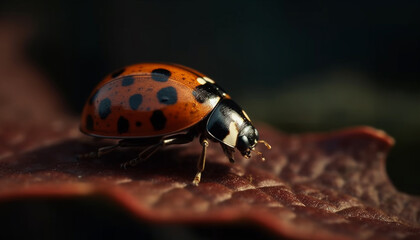 Fototapeta premium Spotted ladybug crawls on green leaf outdoors generated by AI