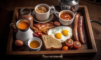 Obraz na płótnie Canvas a breakfast tray with eggs, bacon, toast, jam, and coffee. generative ai