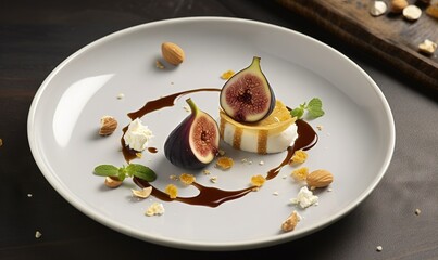  a white plate topped with a dessert covered in fruit and nuts.  generative ai