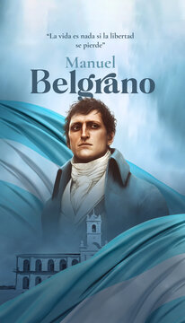 20 de Junio Dia de la bandera Argentina Manuel Belgrano con la bandera de Argentina