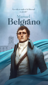 20 de Junio Dia de la bandera Argentina Manuel Belgrano con la bandera de Argentina