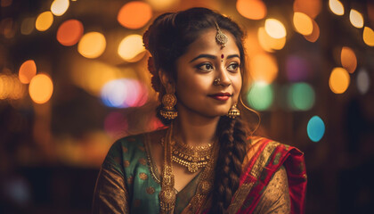 Fototapeta premium Young Indian woman smiling in traditional sari generated by AI