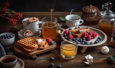  a wooden table topped with waffles, berries and other foods.  generative ai
