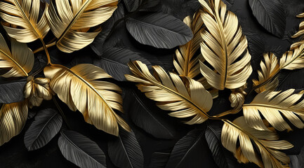 Gold and black tropical palm leaves. Luxury Creative nature jungle background. Minimal summer abstract jungle or forest pattern.	
