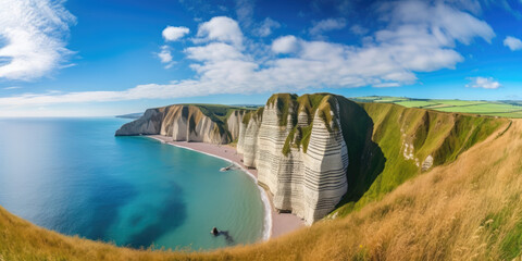 Picturesque panoramic landscape on the cliffs of Etretat. Natural amazing cliffs. Etretat, Normandy, France, La Manche or English Channel. Coast of the Pays de Caux area in sunny summer day. France. A