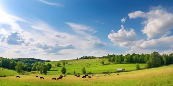 Countryside landscape, farm field and grass with grazing cows on pasture in rural scenery with country road, panoramic view. AI