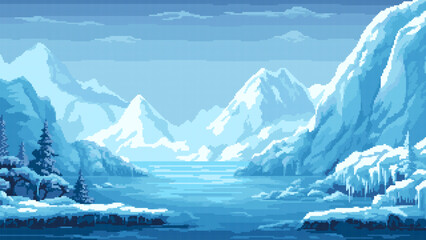 pixel art ice arctic nature game level background, winter landscape, iceberg, snow mountains hills, 8 bit arcade video game, vector illustration © hiten666
