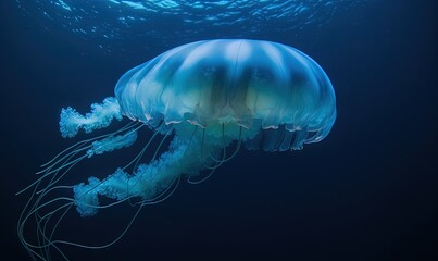  a blue jellyfish swimming in the ocean with a black background.  generative ai
