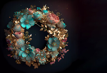Christmas wreath of turquoise flowers on an abstract background. AI generated