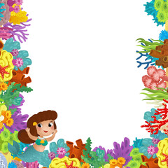 cartoon scene with coral reef mermaid princess and happy fishes swimming near isolated illustration for kids