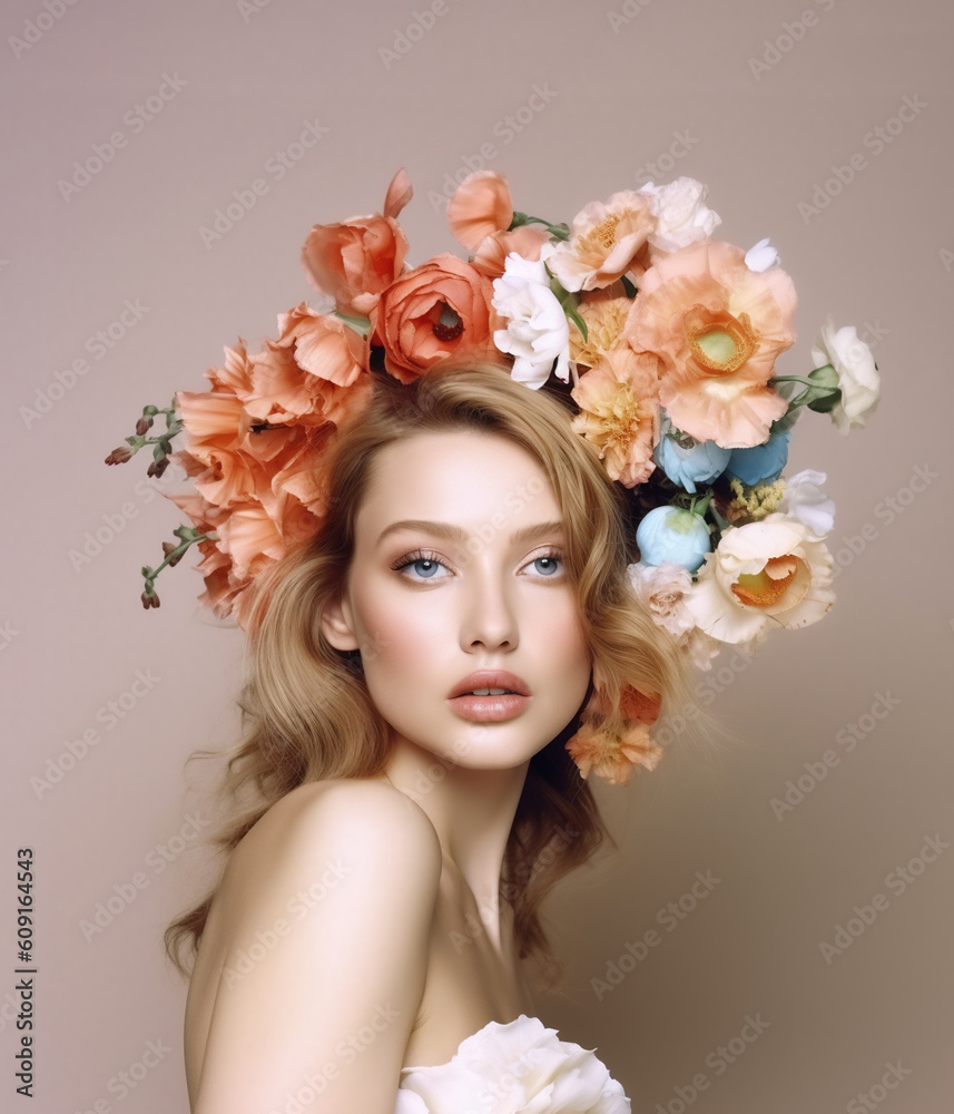 Wall mural Beautiful young woman with floral wreath.