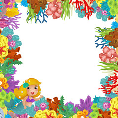 cartoon scene with coral reef mermaid princess and happy fishes swimming near isolated illustration for kids