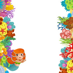 cartoon scene with coral reef mermaid princess and happy fishes swimming near isolated illustration for kids